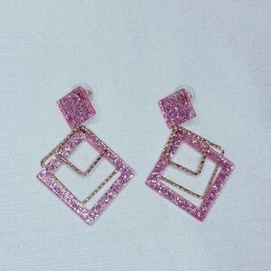 Pink Glitter Geometric Earrings